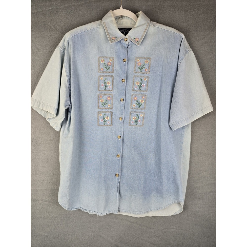 Solutions Denim Shirt Womens M Blue Floral Embroidered Cottage Western Vintage